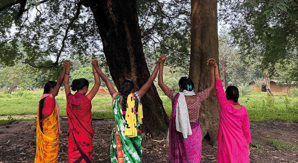 Fünf Frauen, die sich an den Händen halten, während sie vor einem Baum stehen