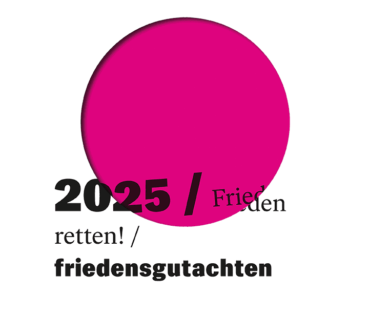Cover-Illustration des Friedensgutachtens 2025: ein großer pinker Punkt mit Text "Frieden retten. Friedensgutachten 2025