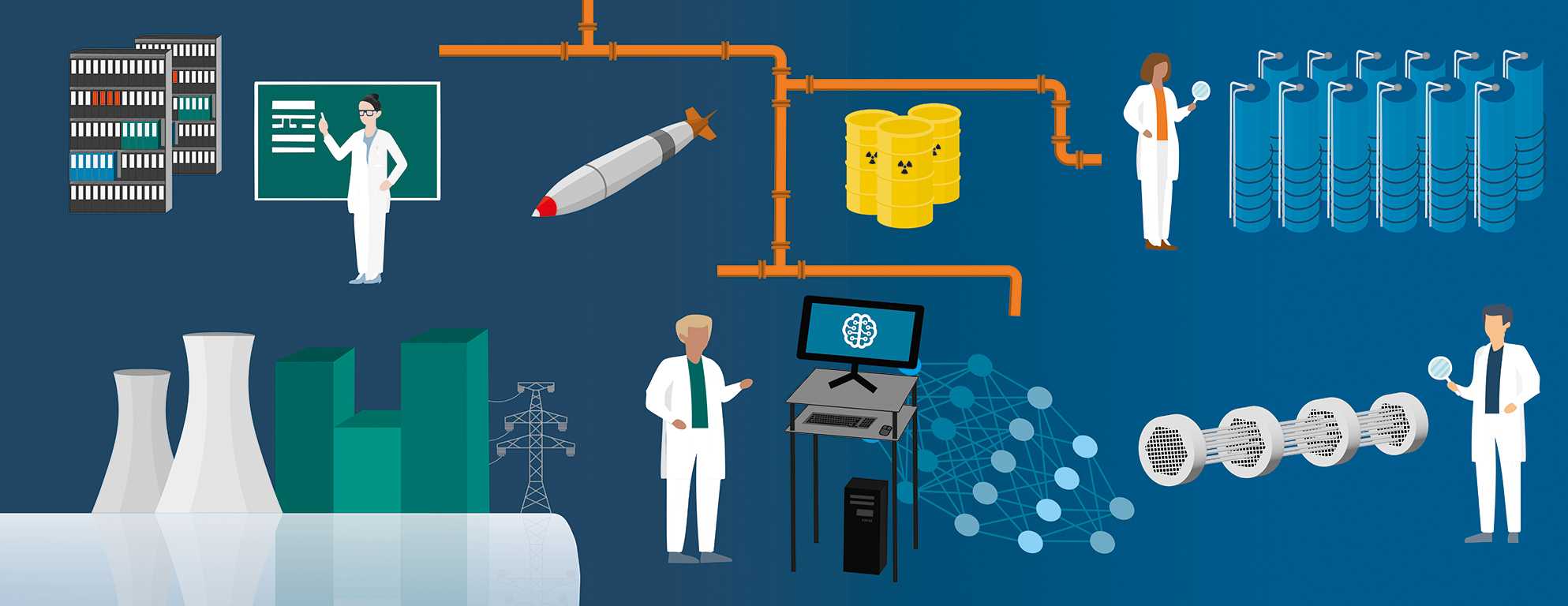Illustration of the work steps of nuclear archaeology such as computer simulation or research