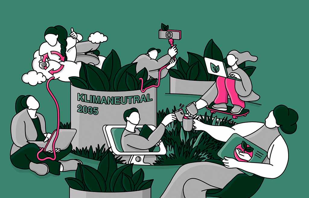 Illustration, die einen großen Pflanzkübel mit der Aufschrift Klimaneutral 2035 zeigt. Drumherum sind verschiedene Figuren gruppiert, die teilweise mit Kabeln verbunden sind und Laptops benutzen, drumherum sind mehrere Elemente aus Gras und Blättern. Eine Person hält das Symbol für Recycling in der Hand: drei Pfeile, die einen Kreis miteinander bilden.