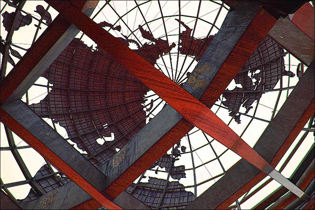 View of a globe under red wooden beams