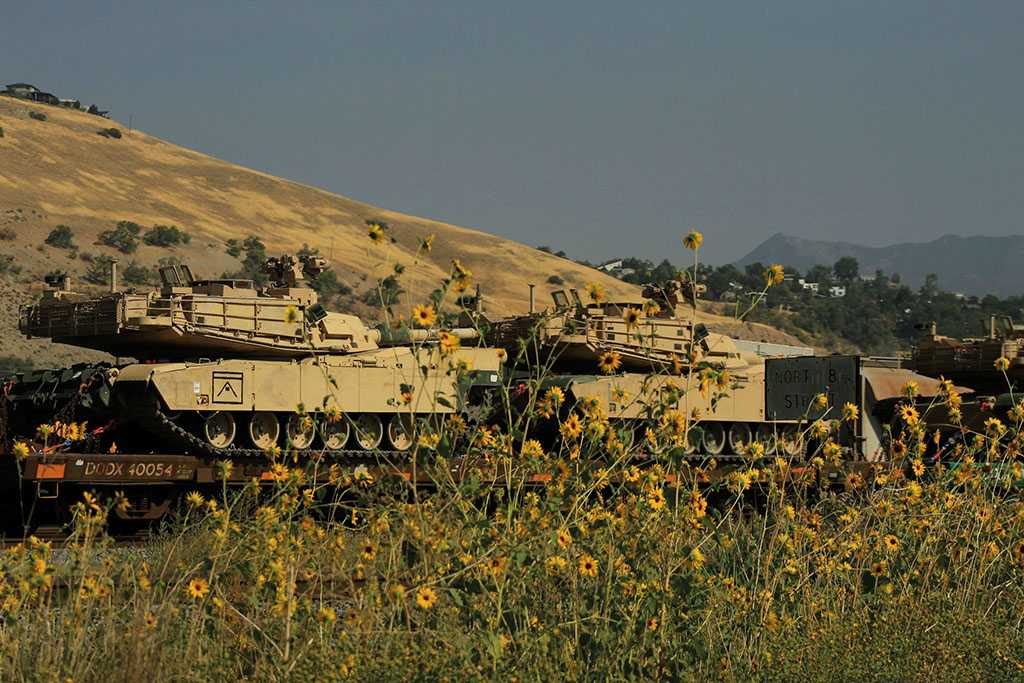 Landschaft mit hohen Sonnenblumen, hinter denen ein Transportzug mit Panzern vorbeifährt