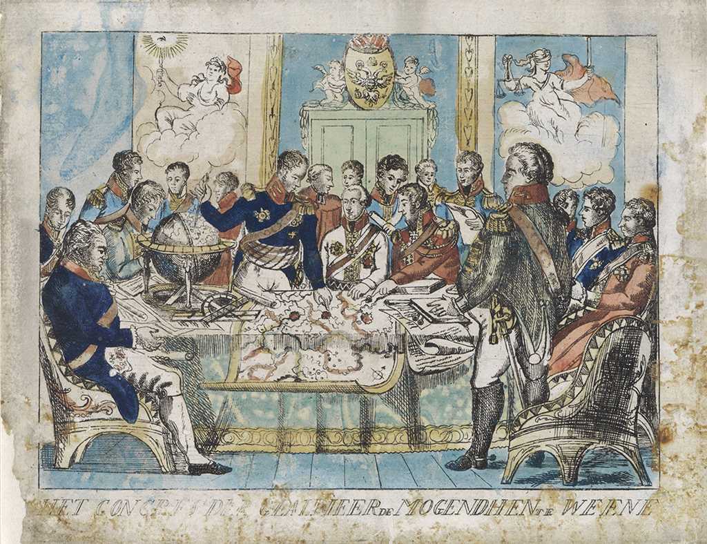 Painting of the deliberations at the Congress of Vienna, 1815. Diplomats gather around a table on which lies a large map. Two allegorical paintings on the wall.