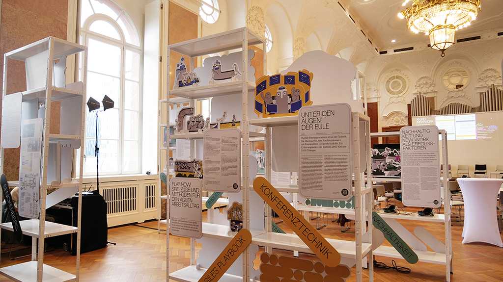 Foto eines prächtigen Saals, in dem verschiedene weiße Regale stehen, an denen Papierelemente befestigt sind, teils mit Illustrationen, teils mit Text. Zu lesen sind im Vordergrund die Worte Konferenztechnik, Nachhaltigkeit und Playbook.
