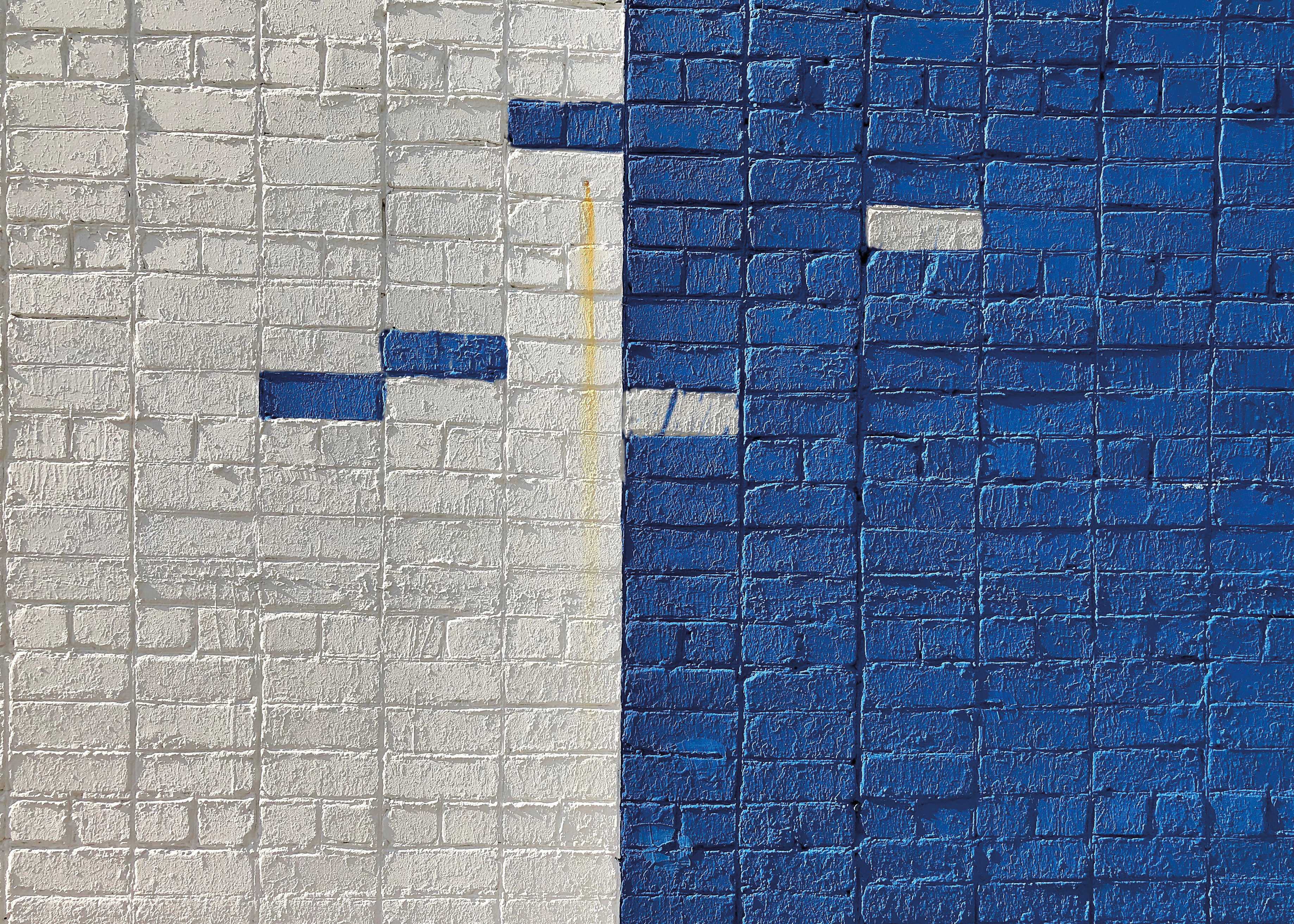 blue and white brick wall.